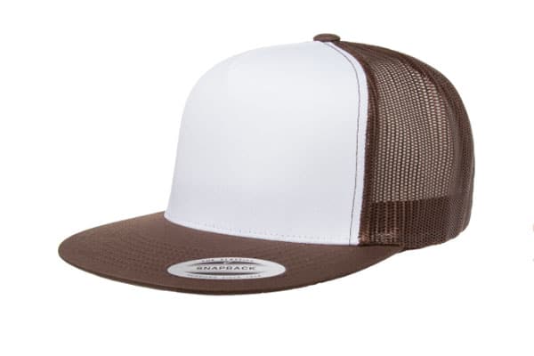 Yupoong 6006 Flat Bill Trucker Color: Brown/ White/ Brown