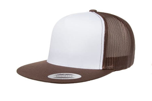 Yupoong 6006 Flat Bill Trucker Color: Brown/ White/ Brown