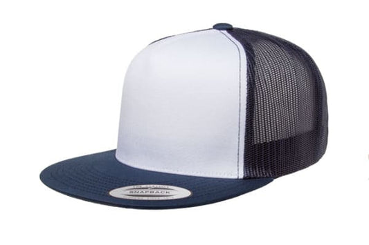 Yupoong 6006 Flat Bill Trucker Color: Navy/ White/ Navy