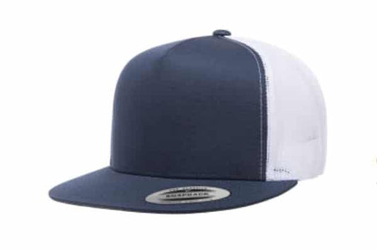Yupoong 6006 Flat Bill Trucker Color: Navy/ White